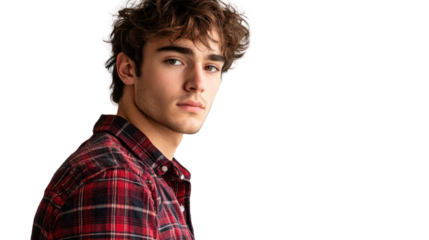A young man with tousled hair poses against a white background, wearing a red plaid shirt. His expression is contemplative and engaging.