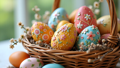 “Easter Kulichi in a Basket": Image of a basket filled with several small Easter kulichi decorated with different decors, with the addition of colored eggs and spring flowers.