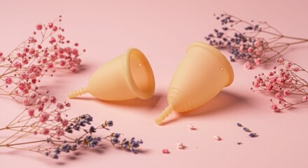 Silicone menstrual cups on pink background with dried flowers
