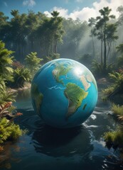 Naklejka premium A water-covered Earth with a dense forest surrounding the equator , oceans, environment, sea