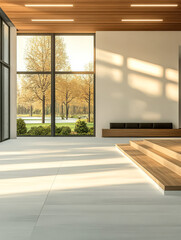 Modern interior space with large windows and natural light during autumn