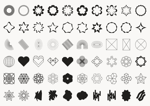 Multiple Vector Shapes abstract geometric, star, circle, spiral flower, sticker graphics, speech bubble, price tag, elements, objects, symbols and decorative illustrations