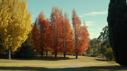 Naklejka premium Autumn Trees Displaying Vibrant Yellow And Red Foliage