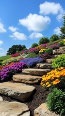 Obraz premium Tiered flower garden built into a hillside, featuring local stones and vibrant seasonal blooms