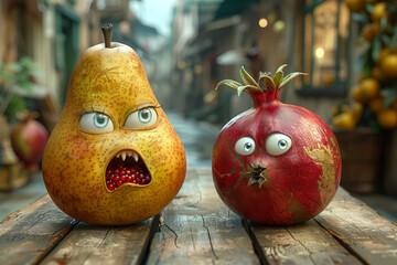 Chatting Pear and Pomegranate in a Busy Market