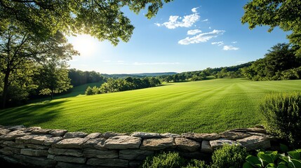 Traditional stone walls framing a lush green pasture, dotted with shade trees and rustic charm