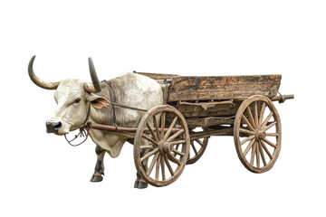 Fototapeta premium Ox-drawn cart with wooden wheels displays traditional farming practices in rural landscapes