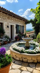 Fototapeta premium A flowerfilled country courtyard with a vintage water fountain, surrounded by natural stone walls