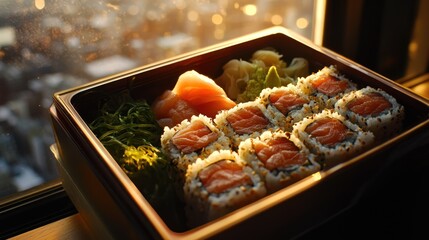 Salmon sushi rolls, sashimi, and seaweed salad in a wooden box.