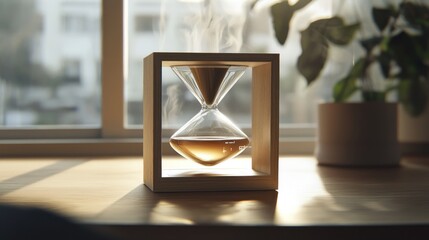 Hourglass on wooden frame, steaming liquid inside, sunlight.