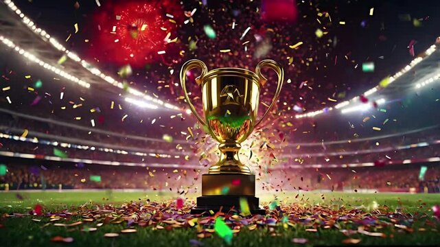 Golden trophy of football match in the middle of the field with confetti. Seamless 4K looping timelapse video animation background