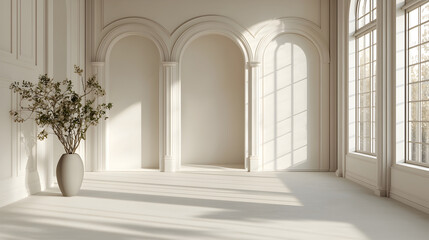 Sunlit minimalist room with arched alcoves and large windows. A serene, elegant space.