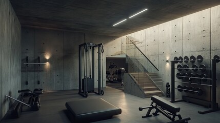 Fototapeta premium Modern Home Gym Design Featuring Concrete Walls and Black Equipment