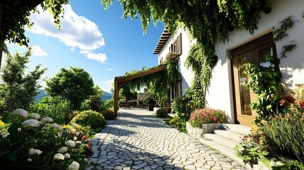 Fototapeta premium Cottagestyle garden with climbing roses, wooden archways, and a cobblestone path, embodying rural romance