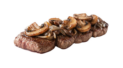 Obraz premium Delicious grilled steak topped with sauteed mushrooms and onions, ideal for culinary designs or food-focused projects.