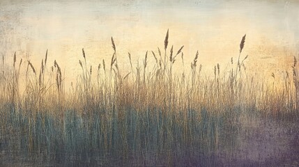 Fototapeta premium Tall grasses silhouetted against a warm sunset sky