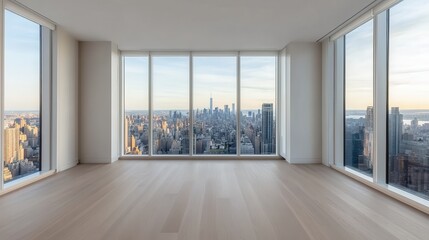 Fototapeta premium Luxury hotel interior showcasing exclusive architecture. Modern apartment with expansive city skyline view through large windows.