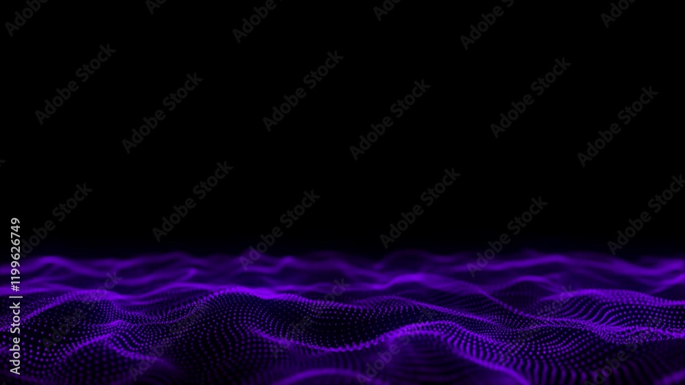 Poster Abstract wave with blue light on black background. Science background with moving dots. Network connection technology. Digital structure with particles. 3d rendering.