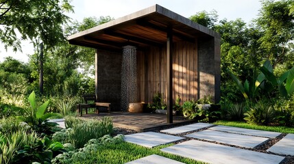 Fototapeta premium Outdoor shower in a rural garden, surrounded by natural wood privacy screens and lush greenery