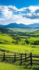 Rolling pasture with grazing animals, wooden fencing, and a backdrop of distant mountains, emphasizing rural life