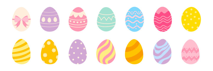 A collection of colorful Easter eggs with different patterns and designs. The eggs are arranged in a row, with some being larger than others. Scene is cheerful and festive