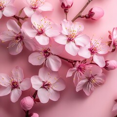 A flat lay of cherry blossoms on a pink background, symbolizing spring, beauty, and celebrations. Perfect for greeting cards, weddings, and feminine designs.