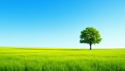 Single Green Tree in Vibrant Field Under Clear Blue Sky