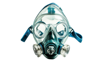 Transparent gas mask showcased against a white background highlighting safety equipment for protection