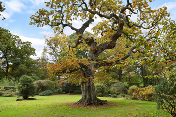 Fototapeta premium Majestic Autumn Tree Standing Tall in a Serene Garden Setting