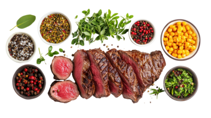 Deliciously prepared meat surrounded by fresh herbs and spices, ideal for culinary inspirations and food photography.