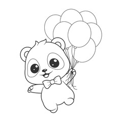 Cute panda is floating with balloons for coloring