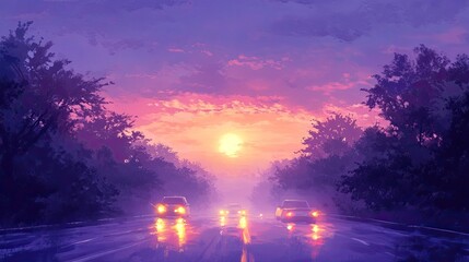 Obraz premium Cars Drive Through Purple Sunset Landscape