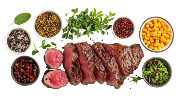 Deliciously prepared meat surrounded by fresh herbs and spices, ideal for culinary inspirations and food photography.