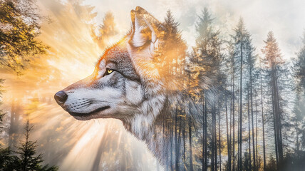 Obraz premium Gray wolf portrait with forest sunrise glowing through misty pine trees majestic wild predator nature photography