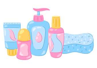 Illustration with hygiene objects. Washing, beauty, body care. Personal hygiene and self care items.