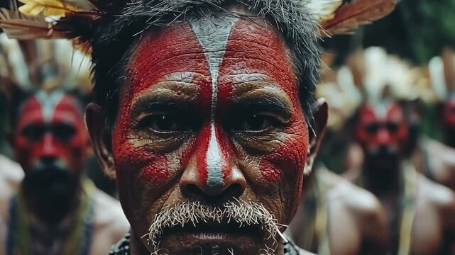 Indigenous Man with Traditional Face Paint and Headdress, tribe, feathers, ritual, culture, ceremony