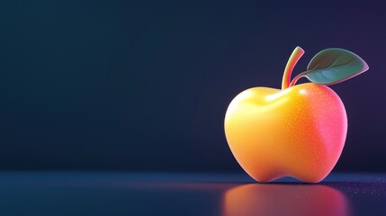 Shiny red-yellow apple with leaf on dark background.