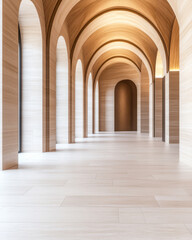 Fototapeta premium Elegant corridor with wooden arches and modern finishes in a serene setting