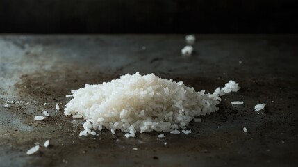 Cooked white rice pile on dark metal surface.