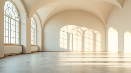 Obraz premium Bright and spacious empty room with large windows and shadows in modern architecture