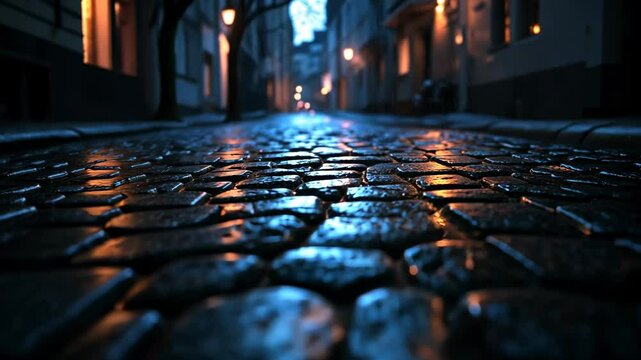 Cobblestone Street at Night, city, town, urban, dark, moody