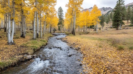 Fototapeta premium Golden Aspen Trees Line Autumn Creek