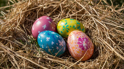 Easter Colored Eggs in Grass - Festive Spring Decoration