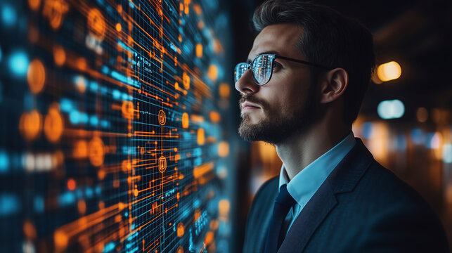 businessman with binary code and technology