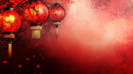 Fototapeta premium Chinese New Years, A red background with three red lanterns hanging from it