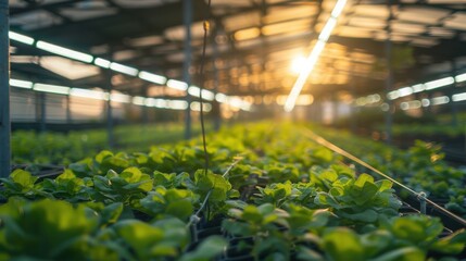 A serene shot of a hydroponic farm with rows of crops under artificial lights, Hydroponics farming scene, Agricultural technology style