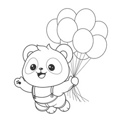 Cute panda floating with balloon in hand for coloring
