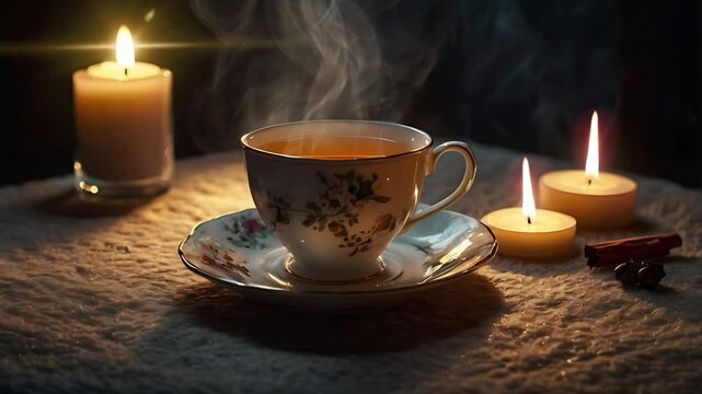 Cup of tea and candles inside the palace with royal atmosphere. Seamless 4K looping timelapse video animation background