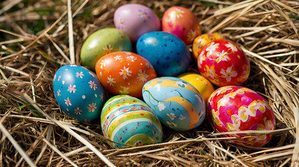 Easter Colored Eggs in Grass - Festive Spring Decoration