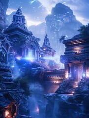Enchanted Blue Mountain Temple: A Fantasy Realm of Ancient Architecture and Mystical Lights
